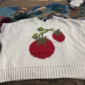 Anthropologie White Crewneck Sweater with Red Tomato Intarsia